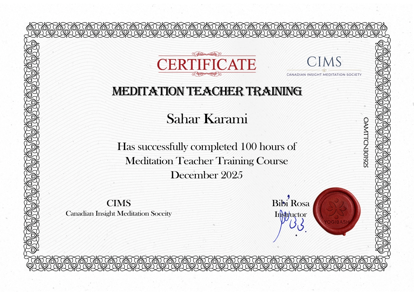 CIMS Meditation Instructor Certificate